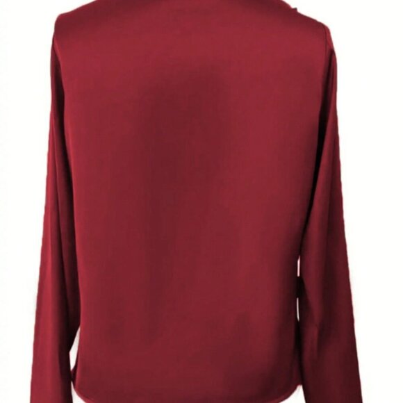 Burgundy Elegant Women's Satin Criss-Cross Long Sleeve Blouse Top - Picture 3 of 4